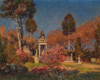 1029
Heinrich Hermanns
1862-1942
Two Figures In A Park With Monument
Oil on canvas
Signed lower right: Heinrich Hermanns
16.75" H x 23.5" W
Estimate: $1,500 - $2,500