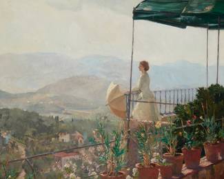 1031
Alfred Robert Hayward
1875-1971
"On The Balcony," 1909
Oil on canvas
Signed lower right: Alfred Hayward; inscribed lower right: Grasse; titled on a label affixed to the stretcher
22" H x 29" W
Estimate: $2,000 - $3,000