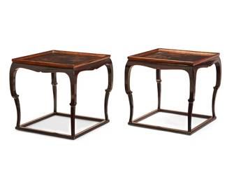 1039
20th century
Two Chinoiserie Lacquered Wood End Tables
Each lacquered wood table set on four legs joined by a square stretcher base, the tops decorated with low-relief and gilt-painted pastoral scenes depicting figures with horses
Each: 20" H x 20" W x 20" D
Estimate: $500 - $700