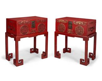 1040
Early/mid-20th century
A Pair Of Chinese Pig Chests On Stands
Each red lacquered pigskin chest featuring bat and shou medallion motifs, iron handles and latch hardware, and revealing an open cavity with a wood rectangular space divider and a gold tassel, set atop a painted red wood stand with four legs, 2 pieces
Each with stand: 34.5" H x 30.75" W x 20.325" D
Estimate: $1,000 - $1,500