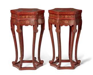 1041
20th century
A Pair Of Chinese Red Lacquered Stands
The wood stands featuring polychrome landscape scene to top surface, the apron and six legs decorated with polychrome and gilt painted floral and meandering motifs, joined together at the base by a hexagonal stretcher, 2 pieces
Each: 35.5" H x 21.25" W x 21.25" D
Estimate: $1,000 - $1,500