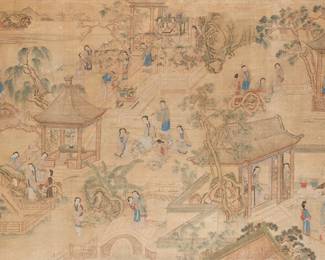 1042
18/19th century or later
A Chinese Painted Silk Panel
Unsigned
The oil and drybrush on silk panel painting depicting various figural scenes in a garden, possibly from the 18th century novel "Dream of the Red Chamber"
Sight: 61.5" H x 105" W
Estimate: $5,000 - $7,000