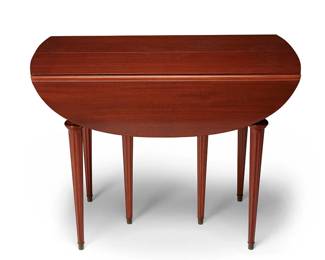 1045
Early/mid-20th century
A Pembroke-Style Drop Leaf Dining Table
Marked with a paper label: John Widdicomb Co. / Maker of Fine Furniture / Grand Rapids; further marker with the model number: 125
The fruitwood table with rounded edges and set on six fluted tapered legs with brass feet
Open: 29.25" H x 39" W x 37.5" D; stored: 29.25" H x 39" W x 21.5" D
Estimate: $800 - $1,200