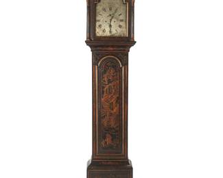 1048
19th century
A George III Chinoiserie Lacquered Tall Case Clock
Marked to the face: Rich Fifield / Martyr Worthy / Strike Silent
The steel dial with black Roman numeral hour markers, black Arabic minute markers, and a sub seconds and calendar dial, with two-train movement, housed in a glozed bonnet over a lacquered wood case, all gilt with chinoiserie figures
96" H x 18" W x 9.25" D
Estimate: $1,500 - $2,500