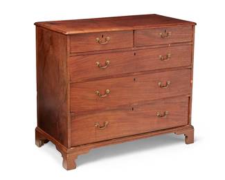 1050
19th century
A George III Mahogany Chest Of Drawers
With two short over three long drawers, each with brass pulls and locking mechanisms, on four bracket feet
38.25" H x 43.75" W x 21.5" D
Estimate: $500 - $700