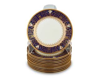 1057
Late 19th/early 20th century; Staffordshire, England
A Set Of Twelve Crown Sutherland Porcelain Dinner Plates
Each marked for: Crown Sutherland / England
Each bone china plate with enameled cobalt, gilt foliate, and polychrome floral decoration, 12 pieces
Each: 10.25" Dia.
Estimate: $500 - $700