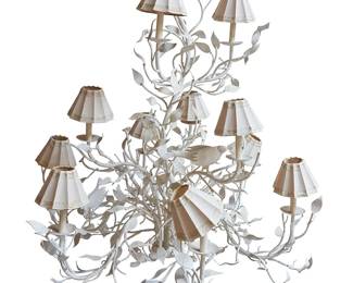 1058
Mid/late 20th century
A Metal Tree-Form Chandelier
Appears unmarked
The white painted metal twelve-light chandelier in the form of a tree with birds perched in the branches, each faux candle fixture with linen shade accented by grosgrain ribbon trim, electrified
50" H x 44" Dia.
Estimate: $800 - $1,200