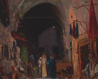 1059
Ludwig Blum
1891-1975
Rabbis In A Jerusalem Market
Oil on canvas laid to canvas
Signed lower edge at center: L. Blum
38.25" H x 30.75" W
Estimate: $4,000 - $6,000