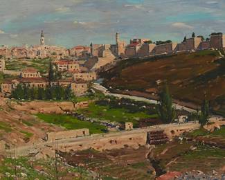 1060
Ludwig Blum
1891-1975
City Of Jerusalem, 1956
Oil on canvas
Signed and dated lower right: Ludwig Blum
29" H x 46" W
Estimate: $4,000 - $6,000