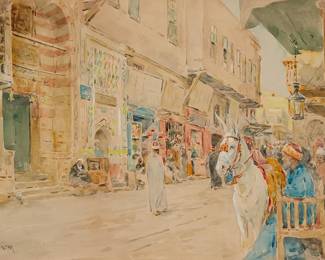 1061
Henry Bacon
1839-1912
Street Scene In Cairo
Watercolor on paper
Signed lower left: Henry Bacon
Sight: 13" H x 19.5" W
Estimate: $800 - $1,200
