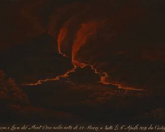1076
Follower Of Pierre Jacques Volaire
1729-1799
"1809 Eruption Of Mt. Etna From Castiglione"
Oil on canvas
Appears unsigned; inscribed lower edge: Eruzione e Lava del Mont' Etna nella notte de 27 Marzo á tutti Li 6 Aprile 1809 da Castiglione
21.5" H x 34.5" W
Estimate: $10,000 - $15,000