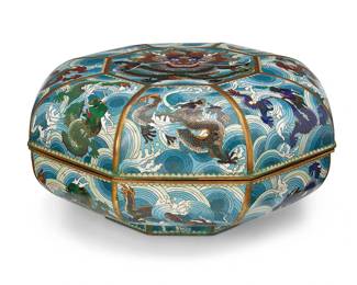 1085
Mid-20th century
A Large Chinese Octagonal Cloisonné Lidded Box
Appears unmarked
The eight lobed brass box decorated with all over polychrome enameling depicting dragons amid crashing waves
7" H x 14" Dia.
Estimate: $600 - $800