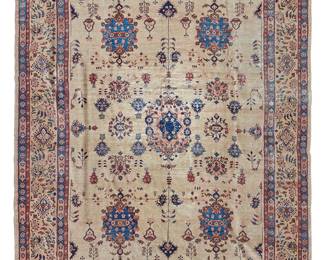 1088
20th century; Iran
A Persian Area Rug
Wool on cotton foundation, with minimal polychrome floral motifs in blue and rust on a cream field
11' 8" L x 8' 7" W
Estimate: $1,500 - $2,000