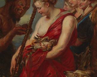 1094
After Peter Paul Rubens
1577-1640
Detail Of "Diana Returning From The Chase"
Oil on canvas laid to board
Unsigned
13.5" H x 11.25" W
Estimate: $1,500 - $2,000