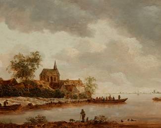 1097
Attributed To Jan Josefsz Van Goyen
1596-1656
River Landscape With Boats And A Church In The Distance, 1649
Oil on cradled panel
Initialed and dated along the side of one of the boats at lower left: VG
40" H x 22.5" W
Estimate: $3,000 - $5,000