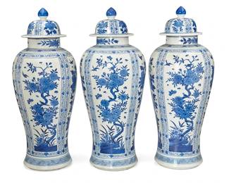 1114
20th century
A Group Of Chinese Blue And White Porcelain Jars
Each appears unmarked
Each decorated with four partitioned registers in blue underglaze on a white ground depicting scenes of flowering bushes surrounded by birds and butterflies and geometric banding to the foot, 3 pieces
Each: 22" H x 8" Dia.
Estimate: $600 - $800