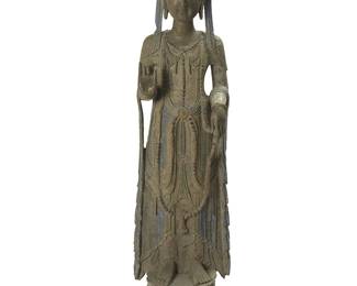 1116
18th century or later
An East Asian Cast Iron Figure Of A Bodhisattva
The cast iron figure, likely Avalokitesvara or Guanyin, standing upon a double lotus flower petal, the exterior surfaces displaying traces of blue, red, yellow, and white paint to the dress, jewelry, and hair as well as gilt to the face, hands, and feet
58.5" H x 14.5" W x 10.5" D
Estimate: $1,000 - $1,500