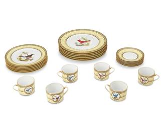 1118
20th century
A Limoges "Jardin Du Roi" Porcelain Dinner Service
Each marked for Limoges and further marked: "Jardin Du Roi" / Tangara hupé de Cayenne. / Decor original crée en 1793 / de aprés l'histoire naturelle de Buffon / Musee de Buffon, Montbard France
Comprising 6 dinner plates (10.125"), 6 salad plates (8.5"), 6 saucers (5.625"), and 6 coffee cups (3.125"), each depicting various birds on a yellow ground, 24 pieces
Estimate: $500 - $700