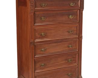 1123
Late 19th/early 20th century
A Renaissance Revival-Style Highboy Dresser
The hardwood six-drawer dresser with vertical side lock, each featuring brass pulls, surmounted by a carved wood gallery rail and accented with carved wood molding and floral motifs
59.75" H x 37.75" W x 22.5" D
Estimate: $600 - $800