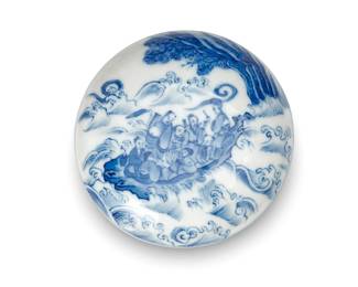1132
20th century
A Chinese Kangxi-Style Lidded Porcelain Seal Box
Marked to the underside in blue underglaze bearing an apocryphal reign mark for Kangxi Period (1662-1722)
The compressed circular ceramic box, the top of which depicts the Eight Immortals crossing the ocean
1.25" H x 3.25" Dia.
Estimate: $400 - $600