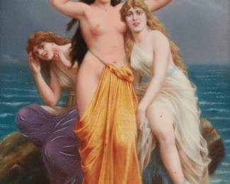 1135
Eduard Baerschneider (Active Late 19th Century)
A KPM (Berlin) porcelain plaque depicting three sea nymphs
Signed lower left: Ed Baerschneider; impressed KPM and scepter marks verso, in a Florentine-style giltwood frame
Plaque: 6.625" H x 4.625" W
Estimate: $1,000 - $1,500