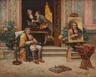 1136
Jehan Vibert
1840-1902
Artist Courting Maid
Oil on canvas
Signed lower right: J. Vibert
22" H x 27" W
Estimate: $1,500 - $2,500