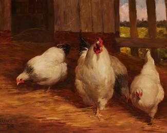 1139
Paul E. Harney Jr.
1850-1915
Chickens In A Coop, 1912
Oil on canvas
Signed and dated lower left: Paul E. Harney
10" H x 14" W
Estimate: $1,000 - $2,000
