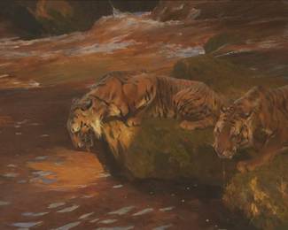 1141
Arthur Wardle
1864-1949
"Tigers Drinking"
Oil on canvas
Signed lower left: Arthur Wardle; with the incised title on the stretcher
26" H x 38" W
Estimate: $3,000 - $5,000