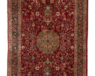 1148
Early/mid-20th century
A Kork Small Area Rug
The diminutive, washed wool on silk rug with allover foliate motifs surrounding a central medallion on a burgundy ground
5' 2" L x 3' 1" W
Estimate: $500 - $700