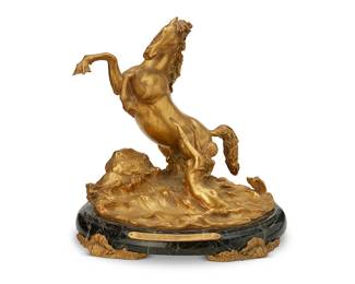1151
E. F. Caldwell & Co.
Founded 1895
The Great Sea Horse
Gilt-bronze and marble
With gilt plaque to recto: "He would not have minded having one pretty mermaid for his mistress..."
11.5" H x 12" W x 9.325" D
Estimate: $1,000 - $2,000