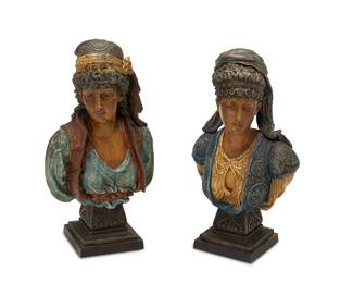 1153
Late 19th century
A Pair Of Cold Painted Spelter Orientalist Busts
From the editions of unknown size and date
Comprising two painted Orientalist-style female busts, 2 pieces
Each: 12.25" H x 6.25" W x 4" D
Estimate: $600 - $800