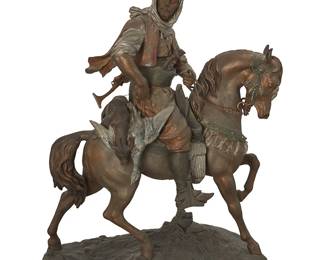 1154
After Émile Coriolan Hippolyte Guillemin
1841-1907
"Cavalier Arabe"
Patinated and cold-painted spelter
Impressed: Barye fils / E el Guillemin; further impressed: Fabrication Francaise / Paris / Made in France
25.5" H x 19.325" W x 10.5" D
Estimate: $500 - $700