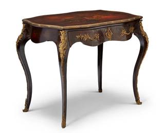1161
Late 19th/early 20th century
A Louis XV-Style Japanned Desk
The lacquered wood table with a painted scene of women in a garden and featuring gilt-bronze mounts, the apron fitted with an oxbow drawer with locking mechanism, supported on four curvilinear legs
32" H x 40" W x 26" D
Estimate: $600 - $800