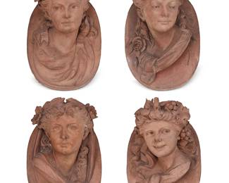 1162
19th century or later
A Set Of Four Continental Terracotta Portrait Plaques
Each signed (possibly reading): H Scharn / 1875; one further stamped: ['SU' within in a shield]
Representing the allegorical four seasons, each depicting a high relief bust of a female with an attribute of a season, 4 pieces
Each: 17" H x 10.5" W x 10.75" D approximately
Estimate: $2,000 - $3,000