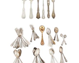 1166
Early/mid-20th century
A Group Of Assorted Sterling Silver Flatware Items
Each marked for sterling with various maker's marks including Towle and Wallace
Comprising various styles of forks, spoons, knives, and serving utensils, some personalized, 55 pieces

Largest: 8" L; smallest: 3.5" L
Weighable sterling: 37.545 oz. troy approximately
Estimate: $650 - $850