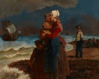 1168
Jacobus Josephus Eeckhout
1793-1861
A Mother And Her Children At The Shore
Oil on panel
Signed lower right: J.J. Eeckhout
40" H x 31.5" W
Estimate: $4,000 - $6,000