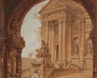 1170
Etienne De Lavallee-Poussin
1733–1793
Capriccio Of A Monumental Staircase Before A Roman Temple
Ink, wash, and watercolor heightened with white on paper laid to board
Appears unsigned
Sight: 14.75" H x 12.875" W
Estimate: $2,000 - $4,000