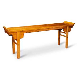 1175
Late Qing Dynasty 1644-1910 or later
A Chinese Qiaotou'an Softwood Altar Table
Appears unmarked
The multi-plank softwood tabletop surmounting plain aprons, secured with mortise and tenon joints, as well as carved ruyi-style spandrels to either side of the four squared legs, each joined by dual side stretchers
33" H x 92" W x 20" D
Estimate: $800 - $1,200