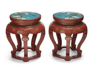 1174
Mid/late 20th century
A Pair Of Cloisonné And Lacquered Wood Stools
Each appears unmarked
Each with red lacquered carved wood five-legged base and inset cloisonné panels for each seat, depicting birds and flowers, 2 pieces
Each: 19" H x 16" D
Estimate: $600 - $800