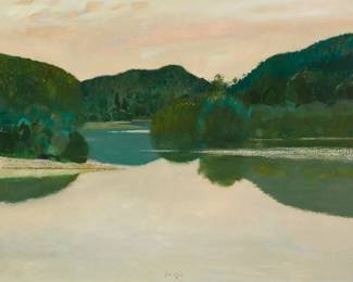 1187
Rene Genis
1922-2004
"Plan D'Eau De La Graviere"
Oil on canvas
Signed near the lower edge, at center: Rene Genis; titled on a gallery label affixed to the frame's cardboard backing
29" H x 36" W
Estimate: $2,000 - $3,000