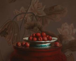 1188
Yingzhao Liu
b. 1956
Still Life Of Plums In A Porcelain Bowl On A Cinnabar Table, 1995
Oil on canvas laid to waxed canvas
Signed in Chinese and dated lower right: Yingzhao Liu / 1995.8
32" H x 25.75" W
Estimate: $3,000 - $5,000