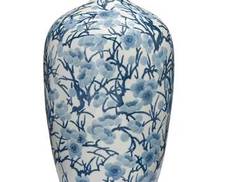 1193
20th century
A Japanese Blue And White Porcelain Vase
Marked to the underside in blue underglaze with a six-character studio mark possibly reading: Koko sho'oku [shi gan]
Perhaps a tokkuri or similar sake vessel, with an all-over stylized motif of branches and prunus in blue underglaze on a white ground
14.75" H x 7.5" Dia.
Estimate: $500 - $700