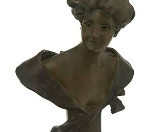1199
After Georges Straeten 1856-1928, 20th century
An Art Nouveau Style Patinated Bronze Bust Of A Maiden
Signed to the verso: G van der Straeten; further marked verso with a medallion for the foundry: Societie des Bronzes de Paris
22" H x 15" W x 8.5" D
Estimate: $600 - $800