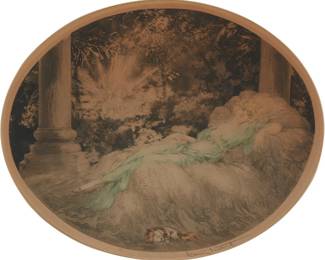 1205
Louis Icart
1888-1950
"Sleeping Beauty," 1927
Etching, drypoint, and aquatint in colors on paper
Signed in pencil in the lower margin, at right: Louis Icart; inscribed "SW," possibly in another hand, in pencil in the lower margin, at left; with the artist's windmill blindstamp in the lower margin, at left; Edite par les Artistes Modernes 5 rue Scribe, Paris, 1927, pub.
Image: 14.75" H x 18.5" W; Sight: 15.75" H x 19.5" W
Estimate: $500 - $700