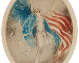 1206
Louis Icart
1888-1950
"Miss America," 1927
Etching, drypoint, and aquatint in colors on paper
Signed in pencil in the lower margin, at right: Louis Icart; with the artist's windmill blindstamp in the lower margin, at left, and his copyright and the year printed in the plate at the upper left: Copyright 1927 by les Graveurs Modernes 194 Rue de Rivoli, Paris, pub.
Image: 20.25" H x 16" W; Sight: 22.25" H x 18" W
Estimate: $600 - $800