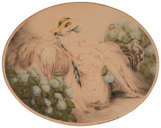 1208
Louis Icart
1888-1950
"Hydrangeas," 1929
Etching, drypoint, and aquatint in colors on paper
Edition: E 311/500
Signed in pencil in the lower margin, at right: Louis Icart; numbered and inscribed in pencil, and with the artist's windmill blindstamp in the lower margin, at left; with his copyright and the year printed in the plate, upper left
Image: 16.125" H x 20.375" W; Sight: 16.75" H x 21.125" W
Estimate: $500 - $700