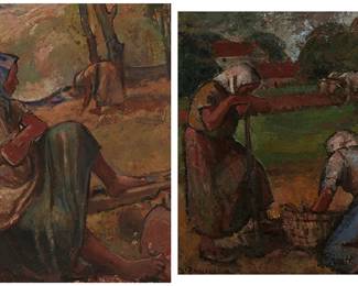 1209
Adelina Zandrino (1893–1994)
Two works:

"La Fatica"
Oil on panel
Signed lower left: A. Zandrino; titled on the frame plaque; titled again and inscribed in pencil, possibly in another hand, on the frame, verso: "La - Fatica" (Work) / by- / Adelina Zandrino (of Genoa, -Italy)
24.5" H x 21.75" W

"La Terra"
Oil on panel
Signed lower: A. Zandrino; titled on the frame plaque; titled again and inscribed in pencil, possibly in another hand, on the frame, verso: La Terra (The Earth) / by Adelin Zandrino
24.5" H x 19.75" W

2 pieces
Estimate: $1,000 - $2,000