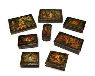 1211
Late 20th/early 21st century
A Group Of Russian Palekh Lacquerware Boxes
Each variously marked for artist and date
Comprising seven rectangular lidded boxes and one oval lidded box, each all-over lacquered and depicting hand-painted scenes from Russian fairytales, 8 pieces
Largest: 1.75" H x 9" W x 7" D; smallest: 2" H x 3" W x 6.25" D
Estimate: $700 - $900