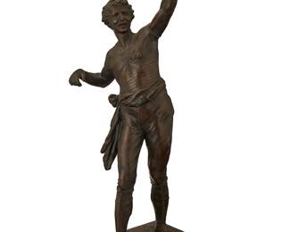 1213
Late 19th/early 20th century
A German Cycling Trophy
Marked: Ghrenpreis Der Stadtgemeinde / St. Polten / 1 Preis des Hauptfahrens / I. Internat. Radwettfahren in St. Polten I Mai 1892
The patinated metal trophy depicted holding a laurel wreath, possibly hollow-cast and filled spelter
24.25" H x 10" W x 9.5" D
Estimate: $1,200 - $1,800