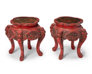 1216
20th century
A Pair Of Chinese Carved Cinnabar Plant Stands
Each with various illegible paper labels to the underside
Each with a quadrilobate top above an in-set waist adorned in elaborate beast heads separated by phoenix and landscape reserves, set upon four modified cabriole legs with paw-form feet, 2 pieces
Each: 20" H x 20.5" Dia.
Estimate: $600 - $800